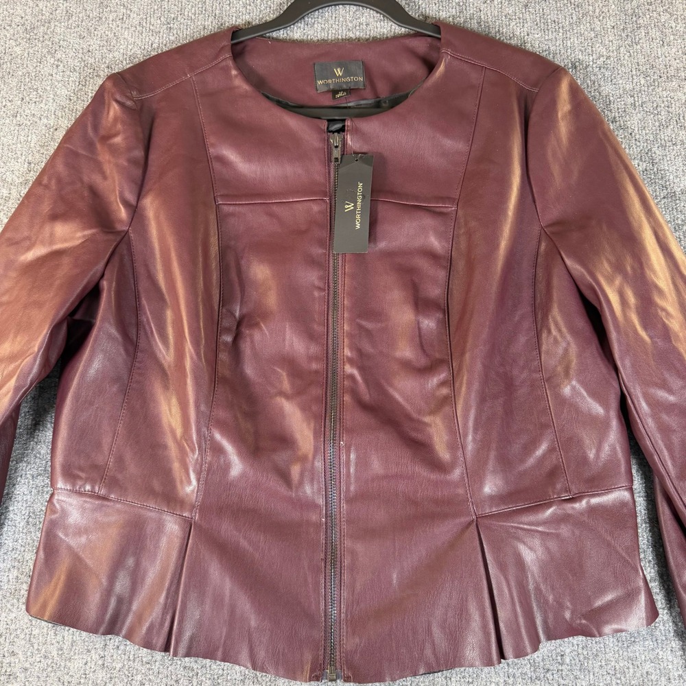 Worthington Women Burgundy Faux Leather Peplum Zip Jacket 14 T9BC3KR #3865